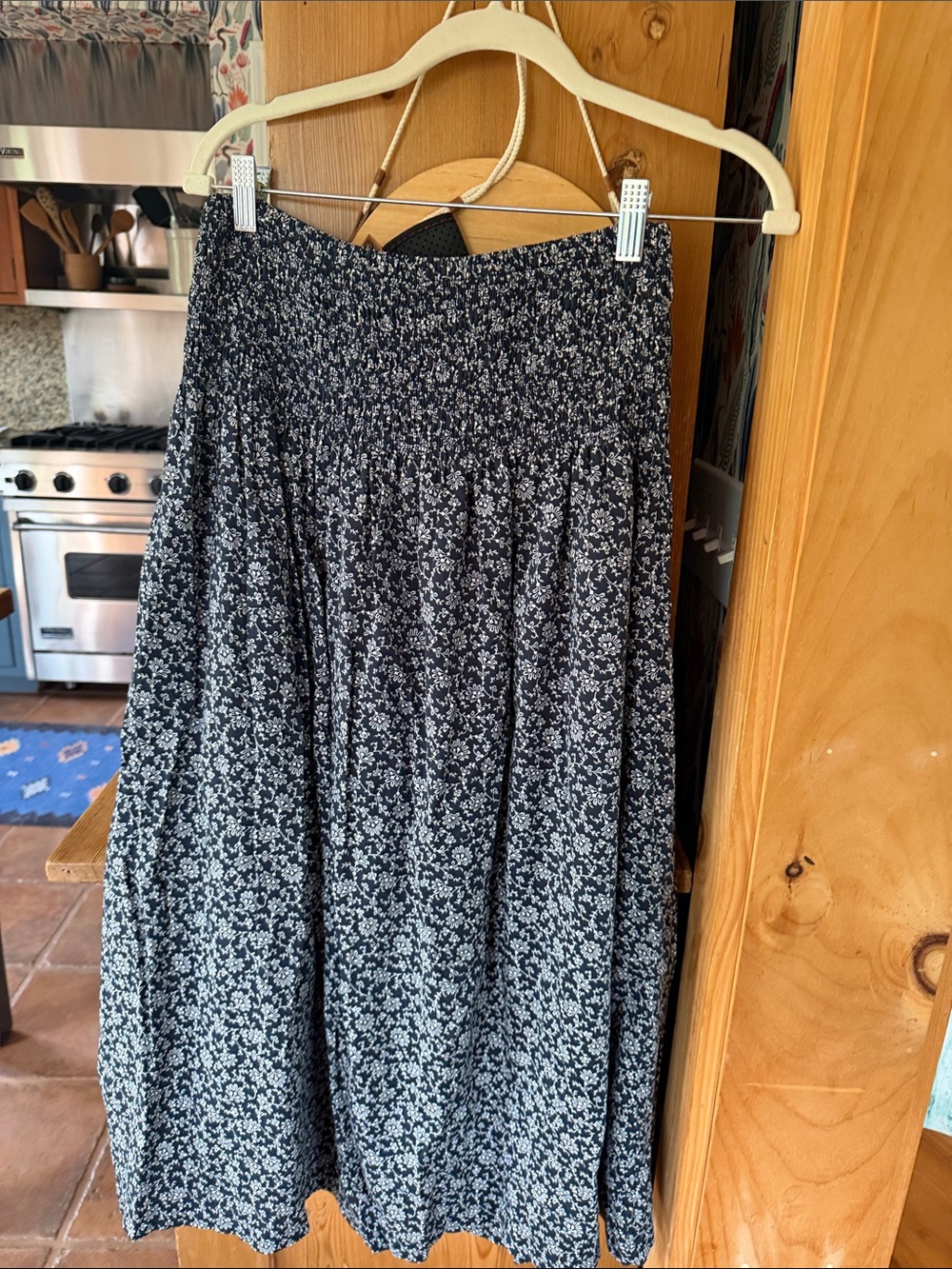 Madewell Floral Smocked Waist Midi Skirt, navy and white